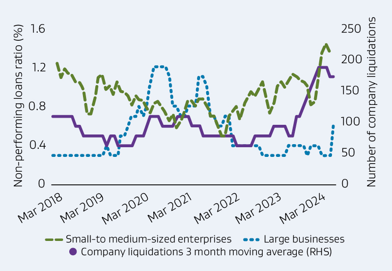 Line graph depicting non-performing loans ratio and number of company liquidations for small-to medium-sized enterprises, large businesses, and company liquidations 3 month moving average by year. 