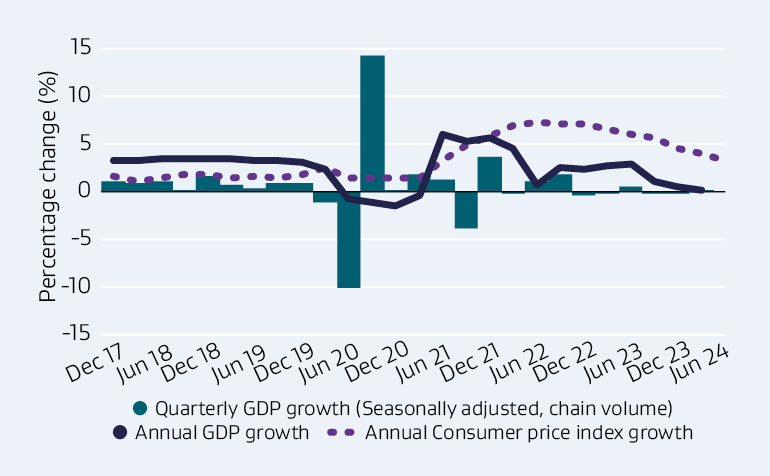 Mixed bar and line graph depicting quarterly GDP growth, Annual GDP growth, and Annual Consumer price index growth presented 6 monthly. 