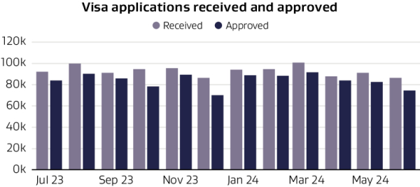 Bar graph depicting the number of visa applications received and approved by month.