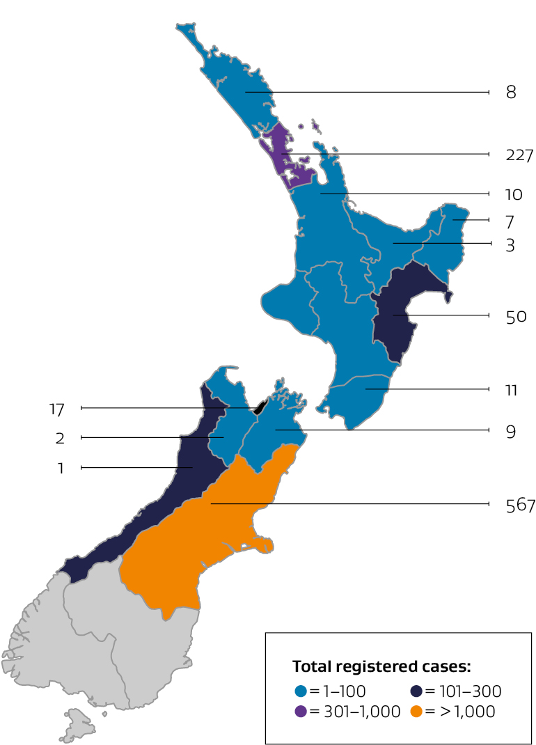 Map of Aotearoa New Zealand depicting registered open New Zealand Claims Resolution Service cases by region, and total number New Zealand Claims Resolution Service cases by region. 