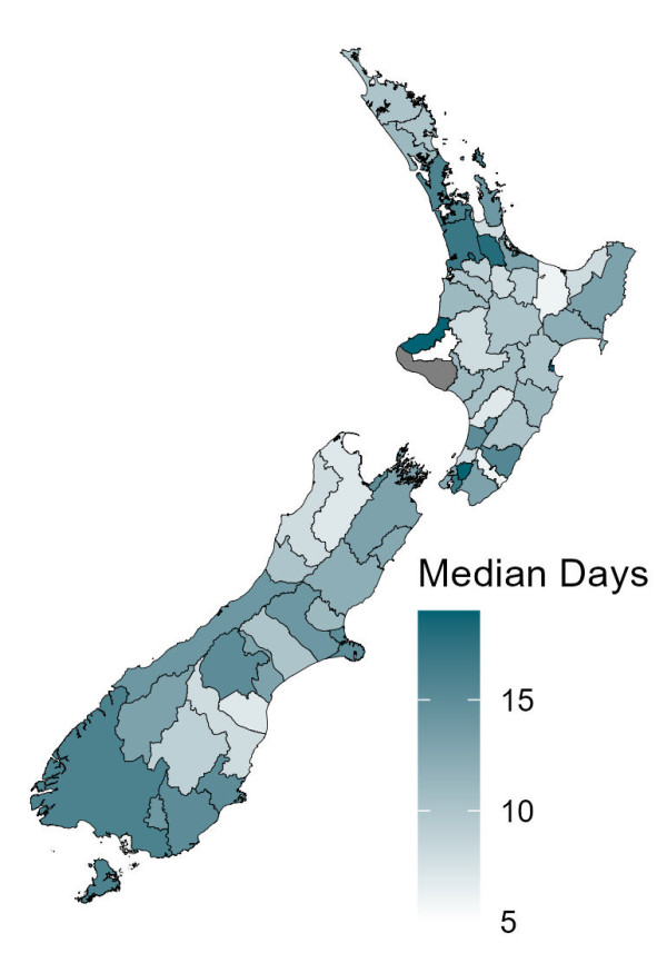 A map image of New Zealand showing the median days for processing Building Consent applications by region for the July to September quarter of 2024.