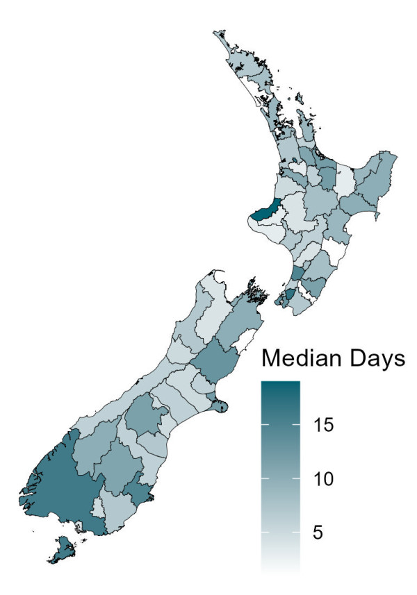 A map of New Zealand showing median days for processing applications for residential buildings by region for the April to June quarter of 2024.