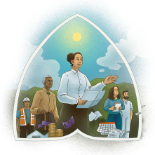 Illustration: A woman with brown hair wearing a white shirt stands holding a piece of paper in her hand. She is talking and using her hand to guide. Behind her is a man in high-vis, a Māori elder, a woman wearing a blue shirt and a man in overalls. The sun shines above them.