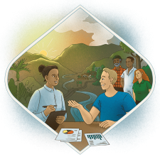 Illustration: A woman with brown hair in a white shirt and a man with blonde hair in a blue shirt sit at a table talking. There are chats on the table. Behind them is their community including a farmer, a man in white overals and a woman with orange hair. There is a river behind them and a mountain range. The sun looks to be coming up.