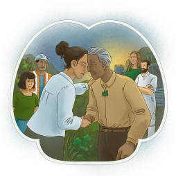 Illustration: A woman with brown hair and Māori male elder press noses in a hongi. Behind them is a community inlcuding a man in high-vis, 2 women and a man in white overalls.