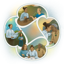 Illustration depicting multuple scenes. Clockwise from top: A woman with brown hair in a white shirt and a man with blonde hair in a blue shirt sit at a table talking. A woman with brown hair and Māori male elder press noses in a hongi. A woman with brown hear wearing a white shift is sat at a desk and writing on a large white piece of paper. Alongside her is a woman in a blue shirt who is talking and a Māori elder.  A woman with brown hair wearing a white shirt stands holding a piece of paper in her hand. She is talking and using her hand to guide.