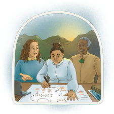 Illustration: A woman with brown hear wearing a white shift is sat at a desk and writing on a large white piece of paper. Alongside her is a woman in a blue shirt who is talking and a Māori elder. They are all smiling. Behind them is a mountain range with the sun just on the edge of them.