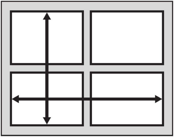 Figure 2-1 shows the cross-section of a simplified building with external and internal walls, with arrows illustrating that overall internal dimensions are measured between the internal surfaces of a building’s envelope and include the thicknesses of any interior walls and floors.