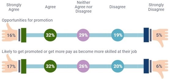 A schematic illustration showing how strongly respondents feel about several learning and development-related measures. Answers are grouped into ‘Strongly Agree’, ‘Agree’, ‘Neither Agree nor Disagree’, ‘Disagree’, and ‘Strongly Disagree’. 