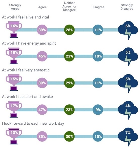 A schematic illustration showing how strongly respondents feel about several vitality-related measures. Answers are grouped into ‘Strongly Agree’, ‘Agree’, ‘Neither Agree nor Disagree’, ‘Disagree’, and ‘Strongly Disagree’.