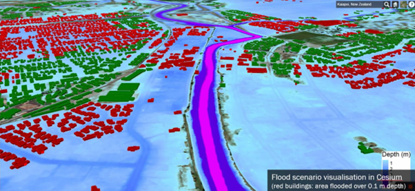 Flood scenario visualisation in Cesium.